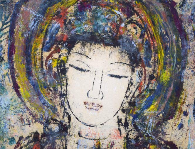孔柏基（KONG　Baiji）「観音」パネルに貼付した紙に油彩・F6号　拡大画像1
