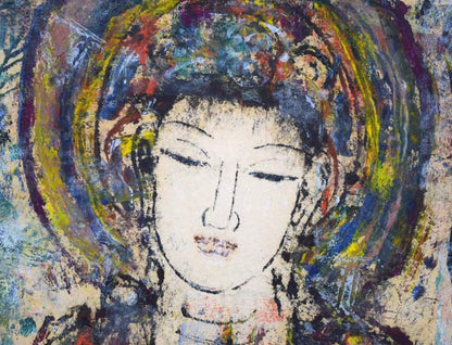 孔柏基（KONG　Baiji）「観音」パネルに貼付した紙に油彩・F6号　拡大画像1