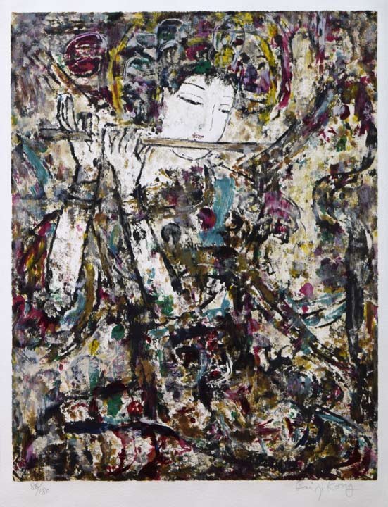 孔柏基（KONG　Baiji）「横笛」リトグラフ　作品全体拡大画像