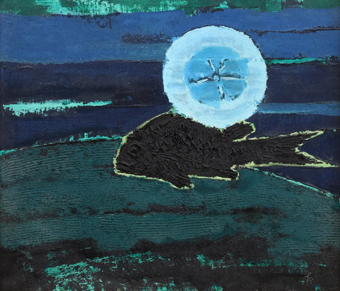 国松登「海の月（魚）」油絵・F10号　作品全体拡大画像