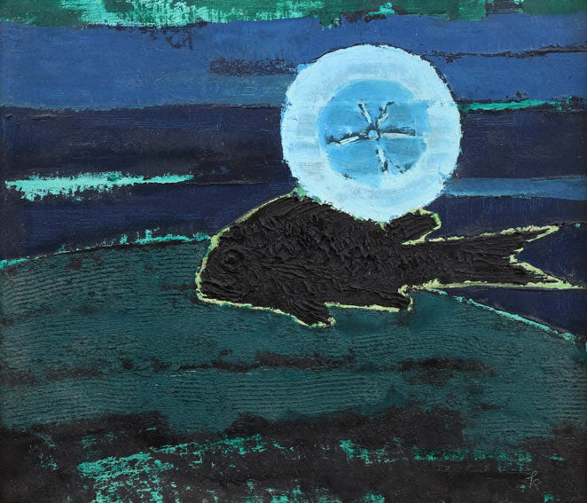 国松登「海の月（魚）」油絵・F10号　作品全体画像