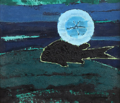 国松登「海の月（魚）」油絵・F10号　作品全体画像