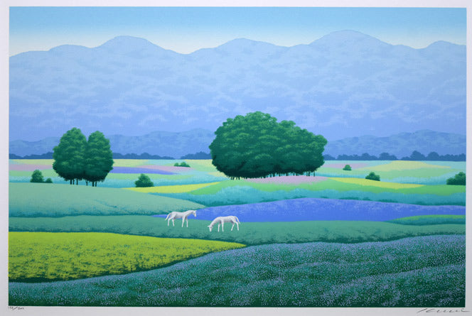 国武久巳「花香る草原」シルクスクリーン版画　作品全体拡大画像