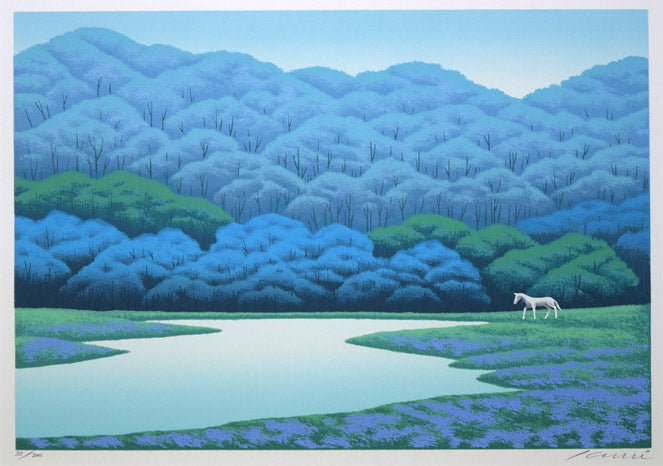 国武久巳「蒼森の水辺」シルクスクリーン版画　作品全体拡大画像