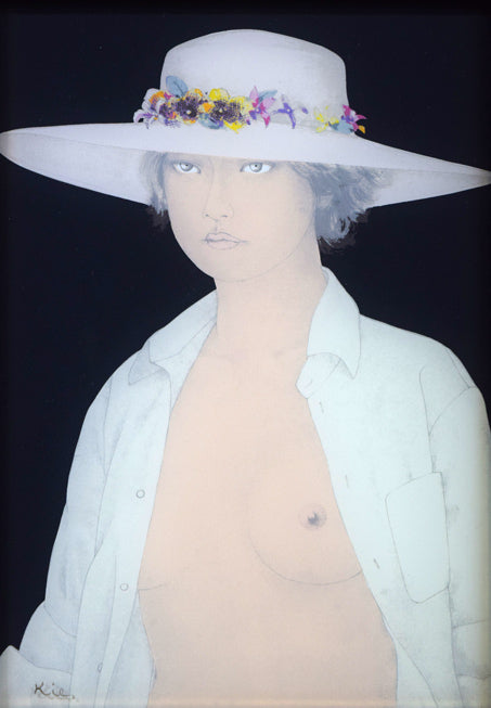 栗原喜依子「花飾りの帽子」ガラス絵版画　作品全体拡大画像