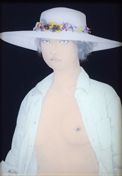 栗原喜依子「花飾りの帽子」ガラス絵版画　作品全体拡大画像