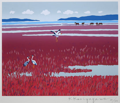 栗谷川健一「燃ゆる秋の入江（網走・能取湖）」シルクスクリーン版画　作品全体画像