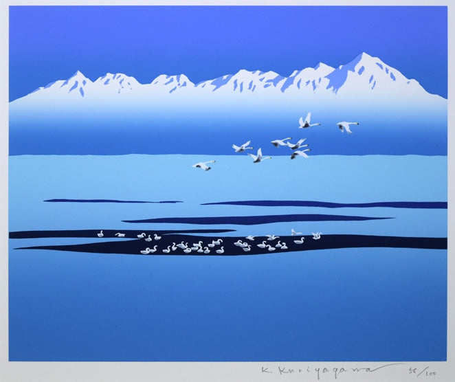 栗谷川健一「三つの白い世界（知床連峰）」シルクスクリーン版画　作品全体拡大画像
