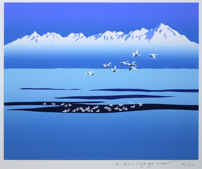 栗谷川健一「三つの白い世界（知床連峰）」シルクスクリーン版画　作品全体画像