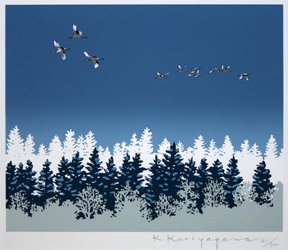 栗谷川健一「丹頂鶴の世界（阿寒）」版画　作品全体画像