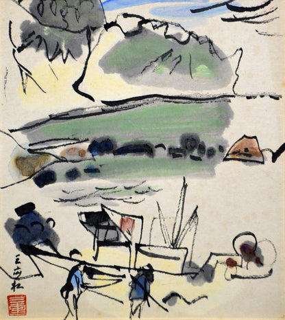 田辺三重松「積丹風景（北海道）」墨彩画・色紙　作品全体画像