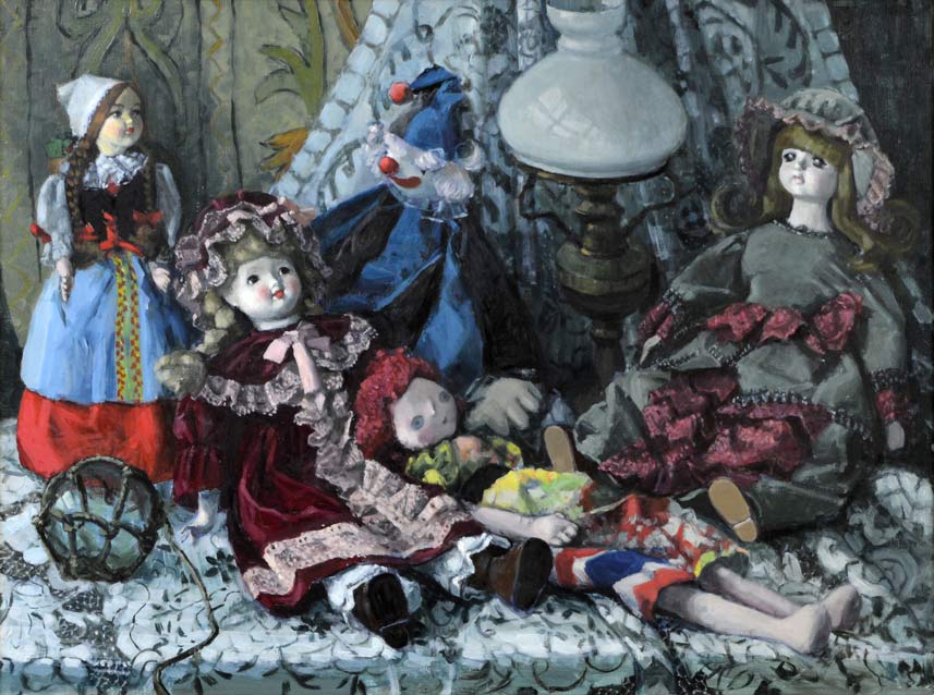 森本光子「人形たち」油絵・P25号・画集掲載作　拡大部分