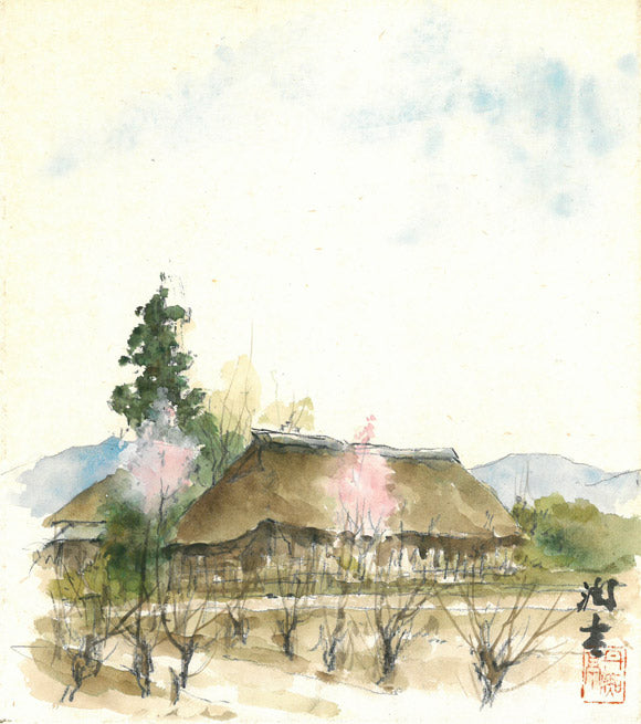 向井潤吉「桃咲く家（秩父）」水彩画・色紙　作品全体画像