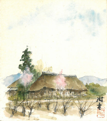 向井潤吉「桃咲く家（秩父）」水彩画・色紙　作品全体画像