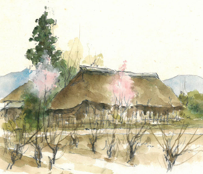 向井潤吉「桃咲く家（秩父）」水彩画・色紙　拡大画像1