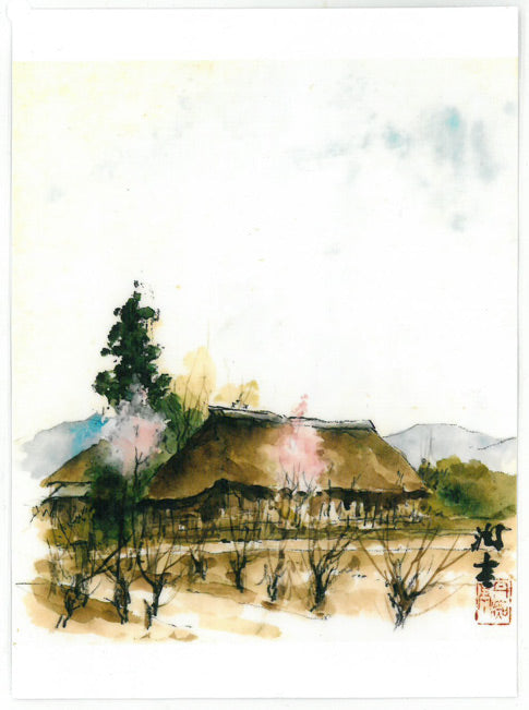 向井潤吉「桃咲く家（秩父）」水彩画・色紙　浜田美芽（遺族）鑑定証取得済み（裏）画像