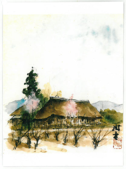 向井潤吉「桃咲く家（秩父）」水彩画・色紙　浜田美芽（遺族）鑑定証取得済み（裏）画像