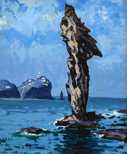 内藤一男「神威岬と水無し岩（積丹）」油絵・F8号　作品全体拡大画像