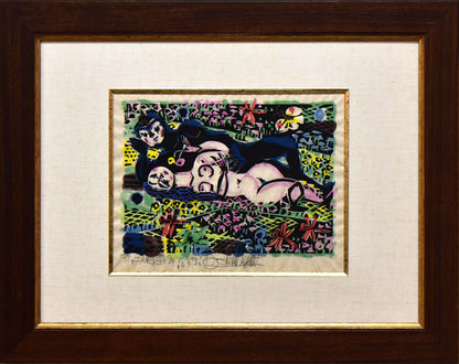 名嘉睦稔「二人の花畑」木版画・裏彩色
