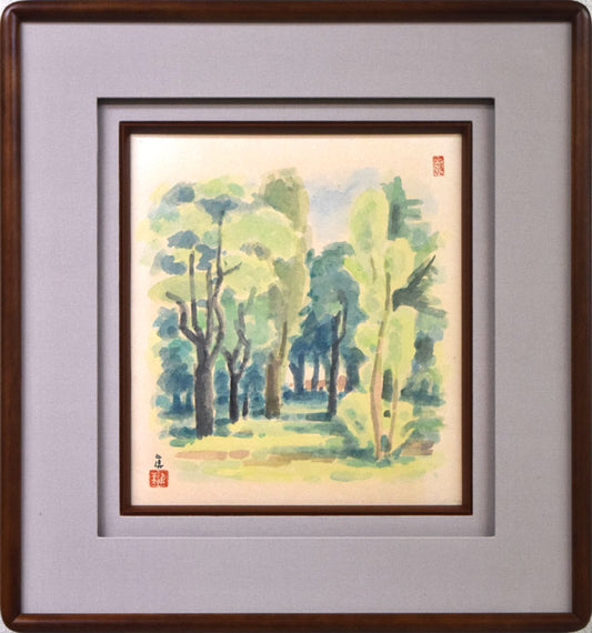 能勢真美「初夏・校庭（大谷高校）」水彩画