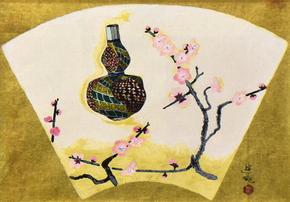 小倉遊亀「紅梅と徳利」木版画　作品全体拡大画像