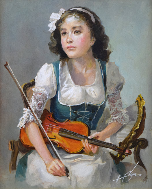 奥龍之介「バイオリンを持つ少女」油絵・F3号　作品全体拡大画像