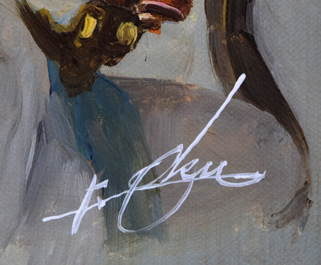 奥龍之介「バイオリンを持つ少女」油絵・F3号　サイン拡大画像