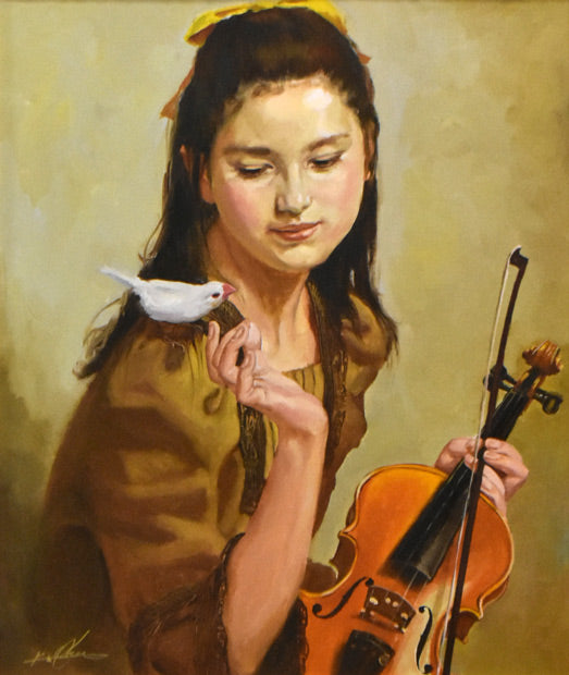 奥龍之介「小鳥と少女」油絵・F8号　作品全体拡大画像