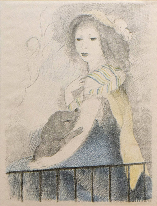 マリー・ローランサン「バルコニーの乙女と犬（「フィネットの冒険」より）」リトグラフ　作品全体拡大画像