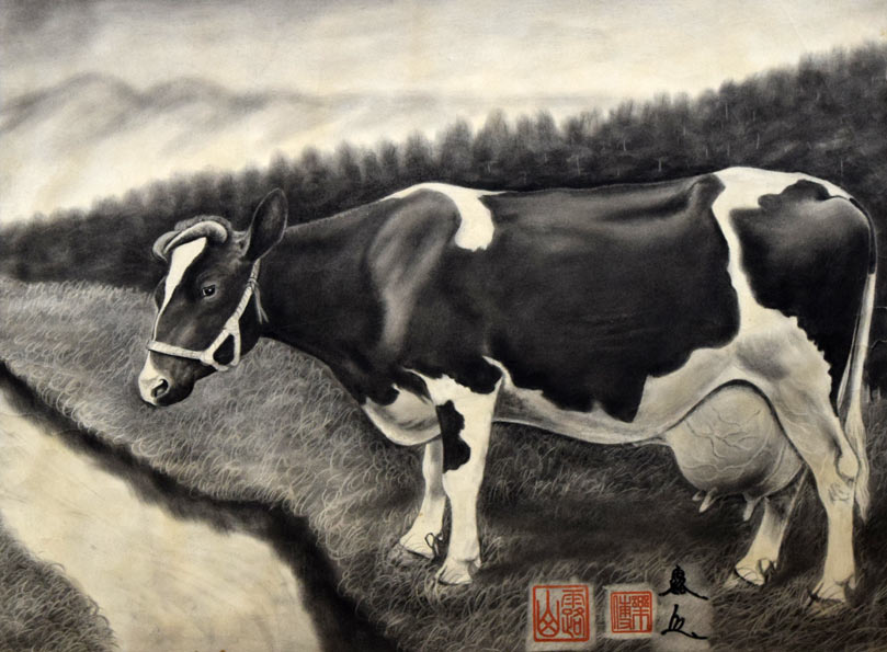 露山（本名：畠中清喜）「牛」木炭・水墨　作品全体拡大画像