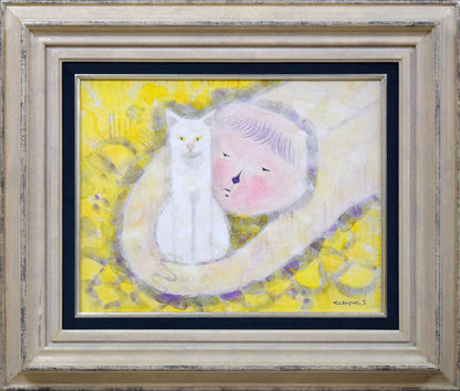佐原和行「猫と遊ぶ」水彩画・F6号