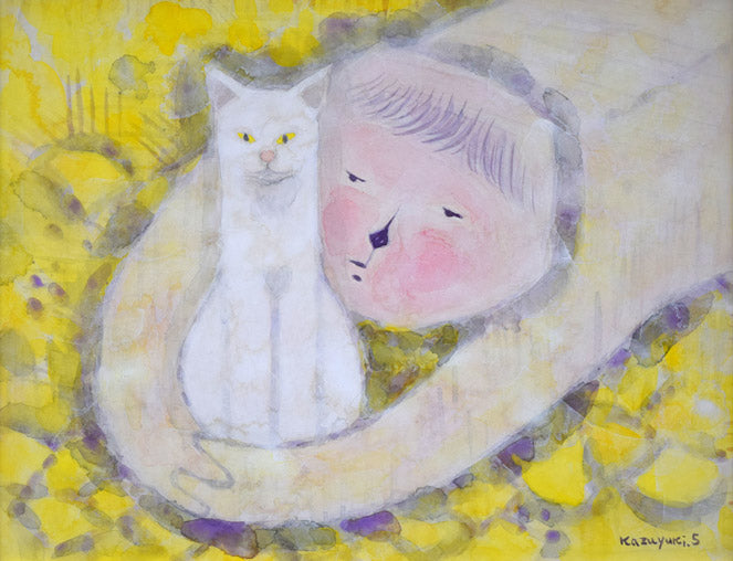 佐原和行「猫と遊ぶ」水彩画・F6号　作品全体拡大画像