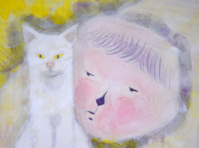 佐原和行「猫と遊ぶ」水彩画・F6号　拡大画像1