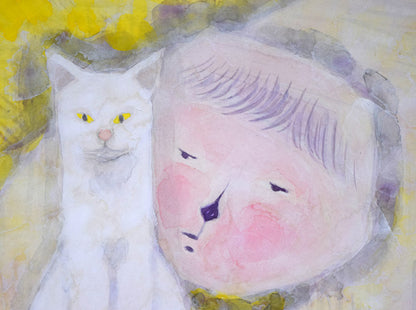佐原和行「猫と遊ぶ」水彩画・F6号　拡大画像1