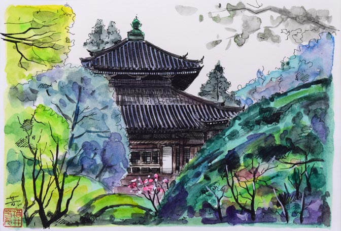 酒井芳元「新緑の安楽寺（京都）」水彩画（15×21.5cm）　作品全体画像