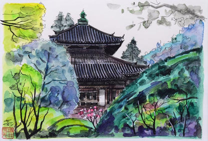 酒井芳元「新緑の安楽寺（京都）」水彩画（15×21.5cm）　作品全体画像