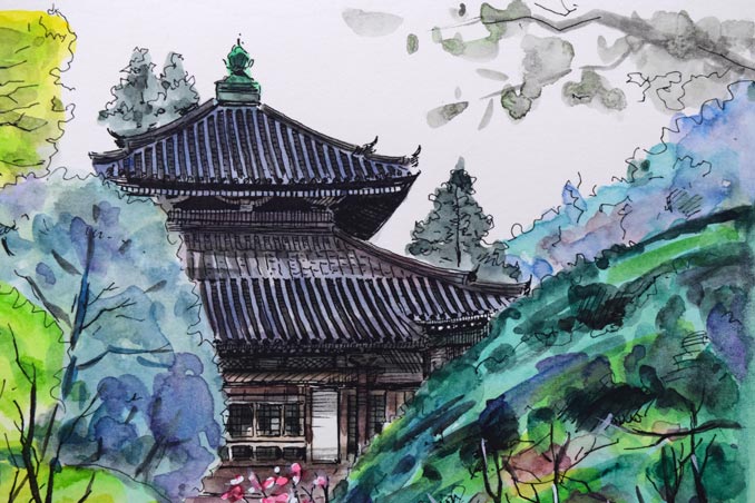 酒井芳元「新緑の安楽寺（京都）」水彩画（15×21.5cm）　拡大画像1