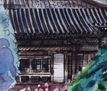酒井芳元「新緑の安楽寺（京都）」水彩画（15×21.5cm）　拡大画像2