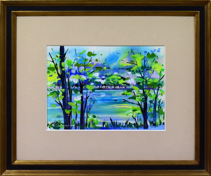 酒井芳元「京都風景（池畔）」水彩画・4号