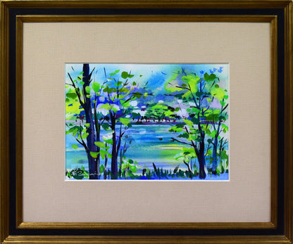 酒井芳元「京都風景（池畔）」水彩画・4号