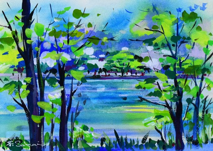酒井芳元「京都風景（池畔）」水彩画　作品全体拡大画像