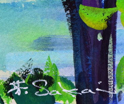 酒井芳元「京都風景（池畔）」水彩画・4号　サイン拡大画像