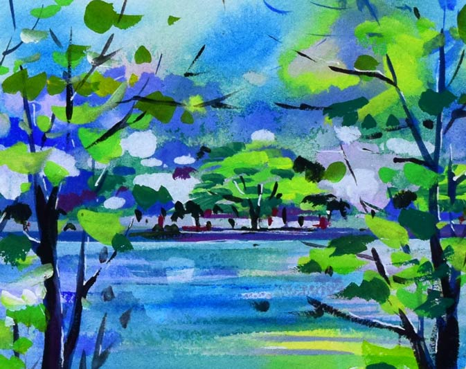 酒井芳元「京都風景（池畔）」水彩画・4号　拡大画像1