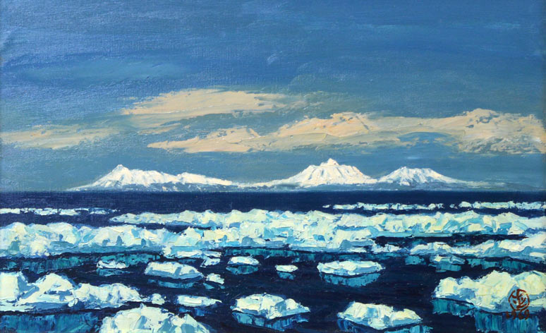 坂本直行「流氷と国後島チャチャヌプリ」油絵・M10号・1969年作　全体拡大部分
