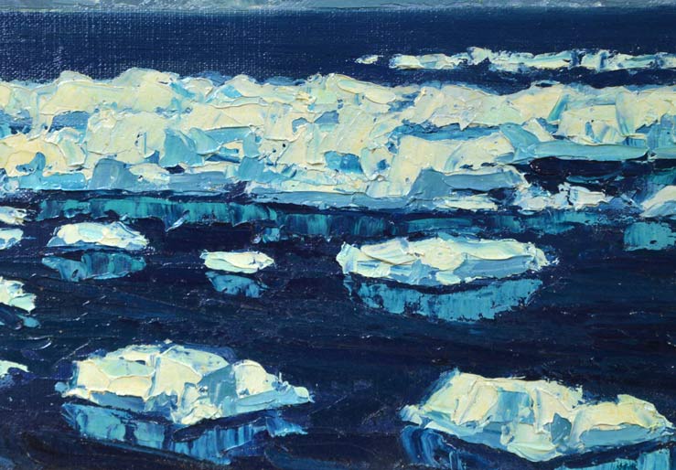坂本直行「流氷と国後島チャチャヌプリ」油絵・M10号・1969年作　拡大部分2