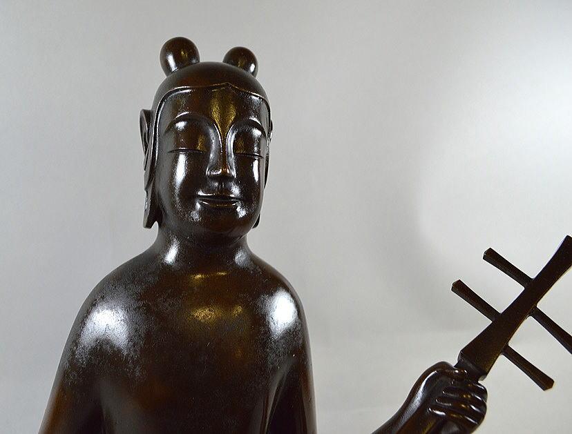 佐々木　象堂「彈阮咸（ダンゲンカン）鋳銅置物」ろう型鋳金・共箱・高さ約26cm