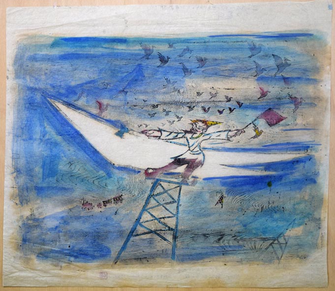 佐藤国男「銀河鉄道の夜（わたり鳥への信号）」木版画に裏彩色　シート裏全体画像