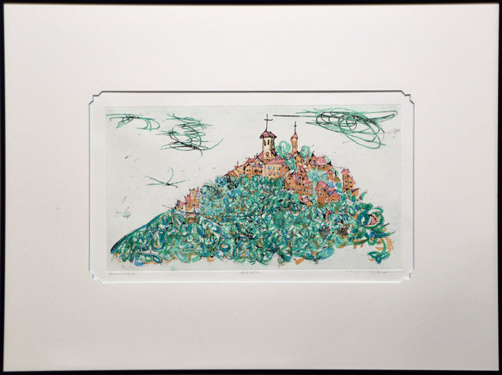 渋谷　栄一「教会のある丘」銅版画