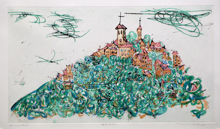 渋谷　栄一「教会のある丘」銅版画　拡大部分