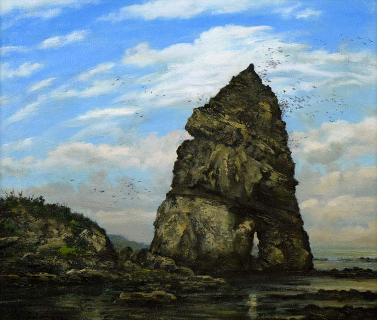 清水弘哉「塩谷のイワツバメ岩（小樽）」油絵・F10号　作品全体画像
